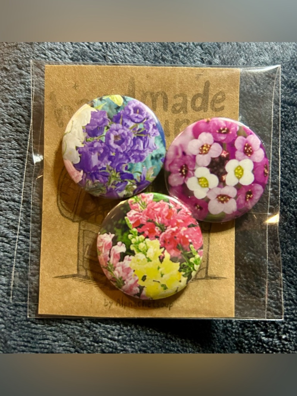 Handmade Floral Button Set Seed Packet Upcycled Pins 1.25in Cottagecore Spring - Picture 7 of 8